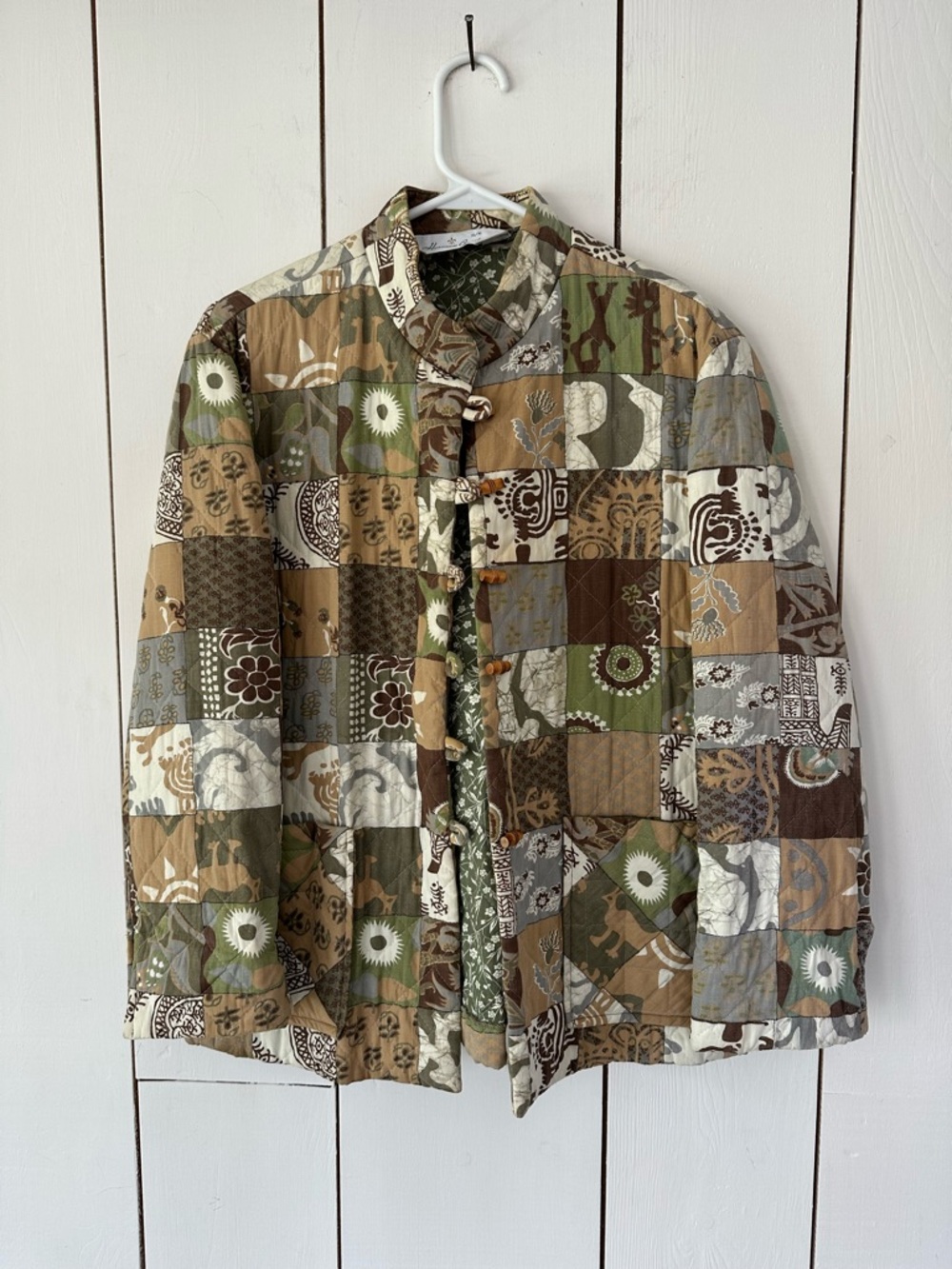 VTG Herman Geist Quilted Jacket Sz M Patchwork Print Mandarin Collar